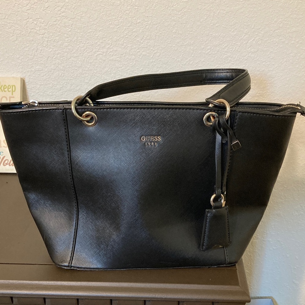 GUESS Black Saffiano-Style Tote with Gold Hardware